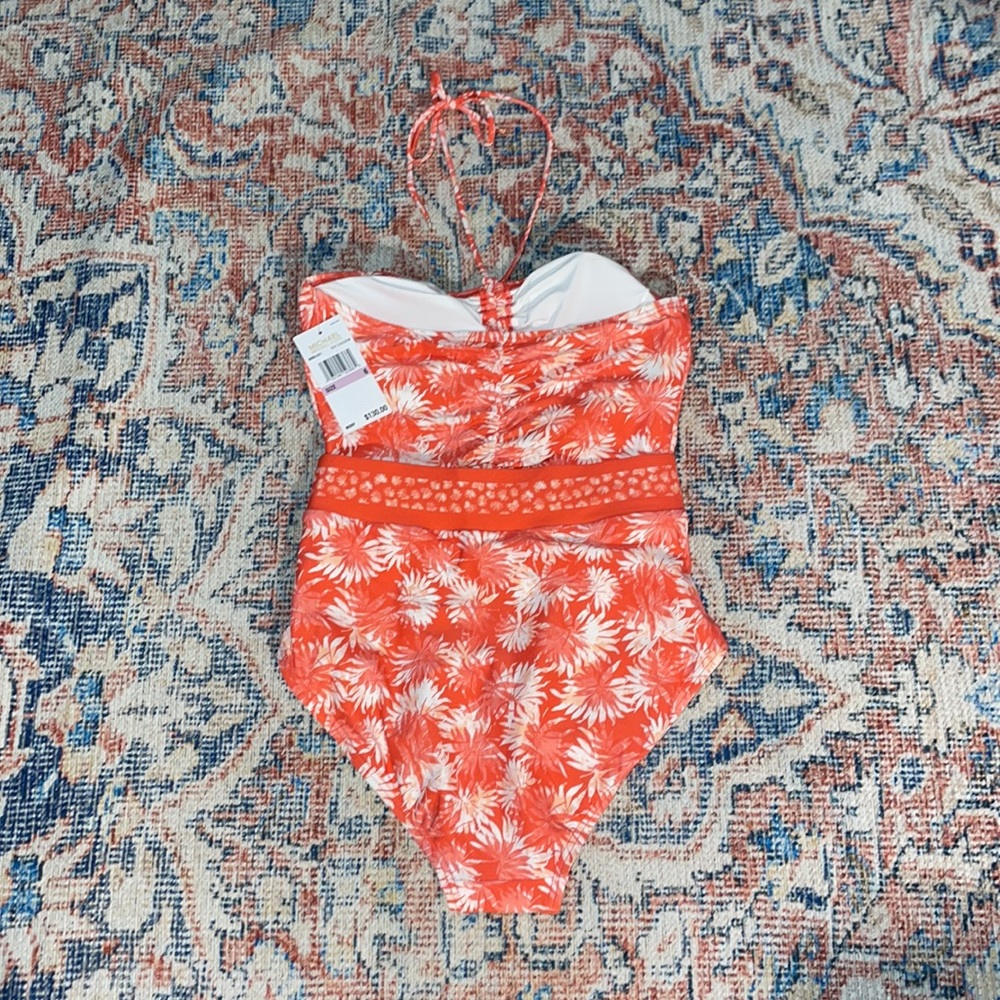 MICHAEL Michael Kors Palm Mix Bandeau Cutout One Piece Swimsuit Sangria SZ 6 NWT - Picture 4 of 5